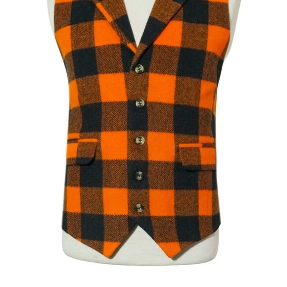 Mens 46R Wool Buffalo Plaid Vest Orange Black Waistcoat Formal Party Casual - Picture 4 of 8